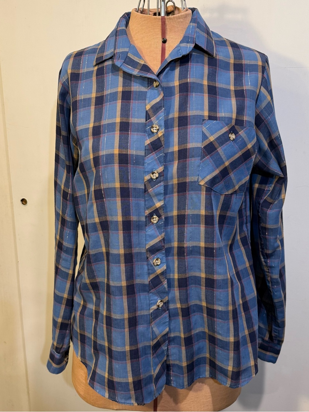 Women’s Blue Plaid Button-Down Shirt